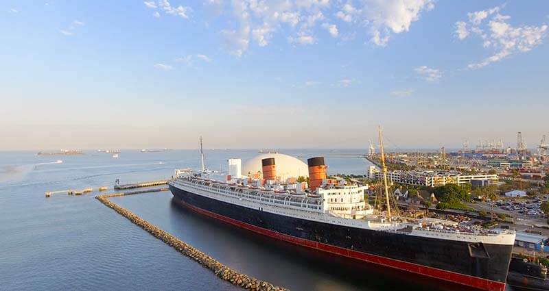 RMS Queen Mary docked at port in Long Beach, California